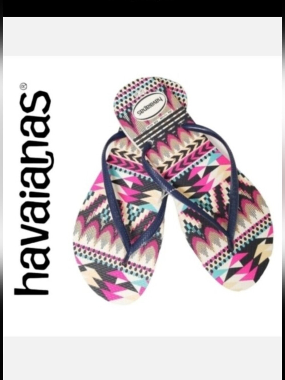 Havaianas Slim Tribal Flip Flop in White & Navy Blue Sz 11
